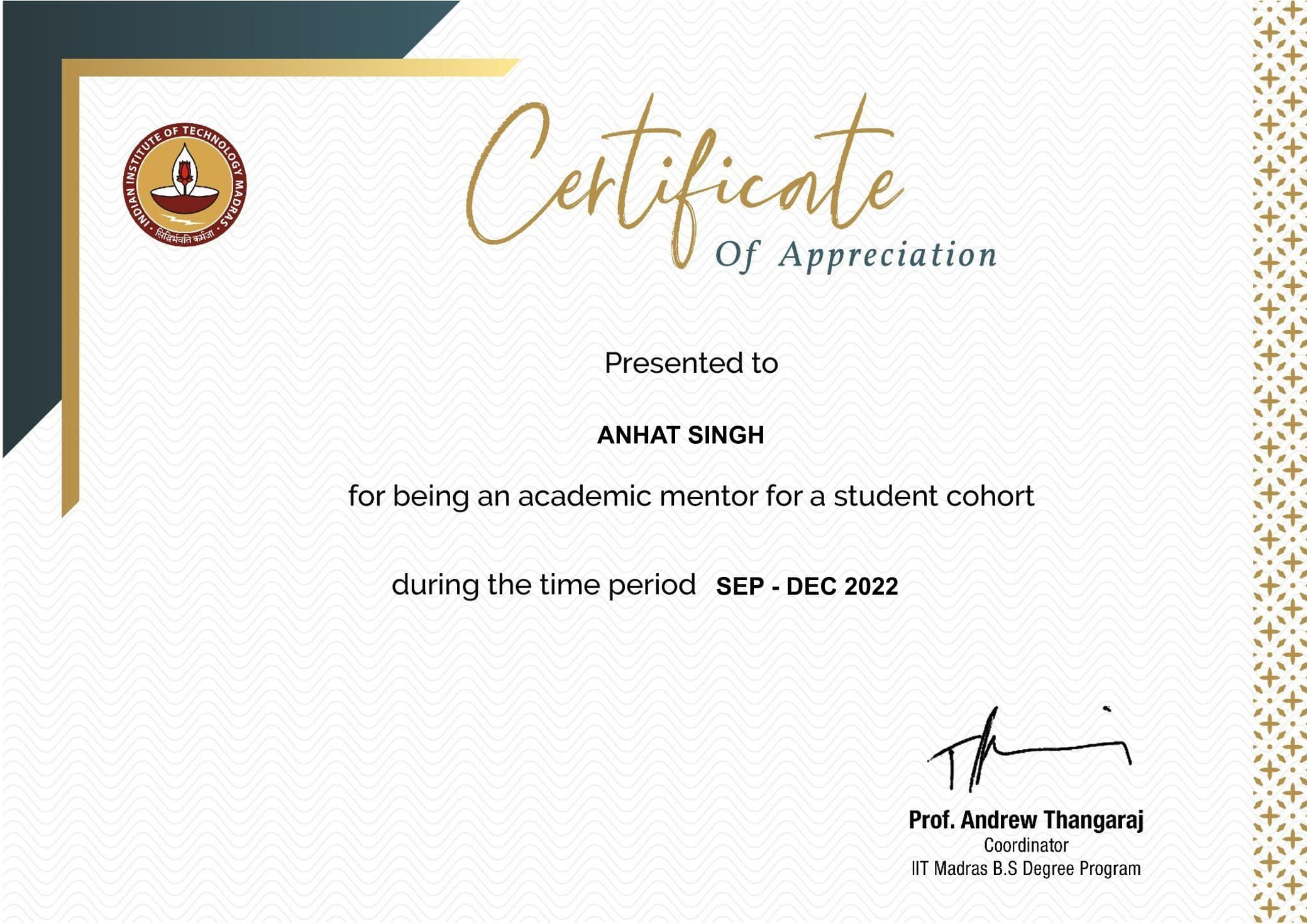 Certificate of appreciation for being the Student Mentor